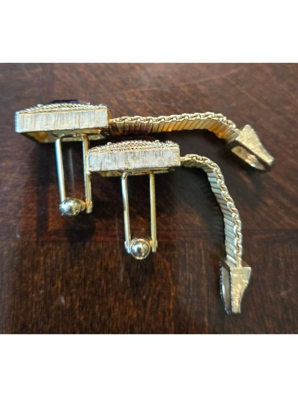 Vtg Swank Gold Tone Mesh Wrap Cufflinks Amethyst Purple Glass MCM Boxed